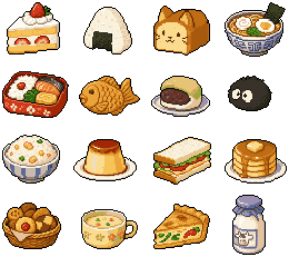 a pixel art sprite pack: sixteen matching food sprites in a grid