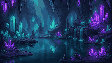 Glowing crystal cavern pixel art background