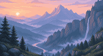 Misty mountain valley at dawn, pixel art background made with SpriteLab
