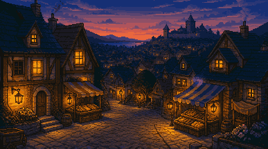 Medieval village at dusk pixel art background