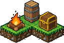 Raised isometric grass tiles with a barrel, campfire and chest, made with SpriteLab isometric mode
