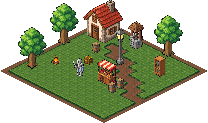 An isometric pixel art village made in SpriteLab: iso ground tiles with a cottage, a well, trees and a knight on a 2:1 grid