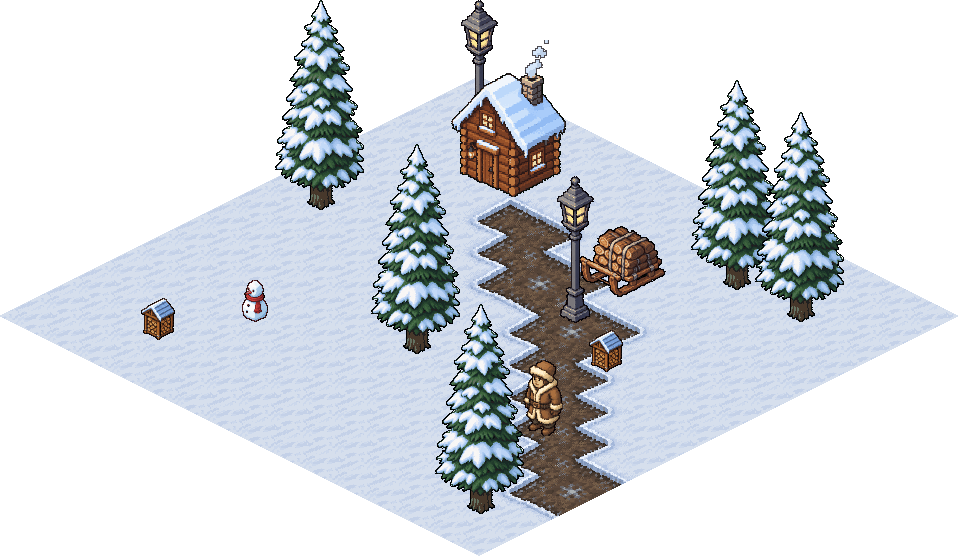 An isometric winter map painted from a SpriteLab tileset: snowy diamond tiles with raised cliff edges
