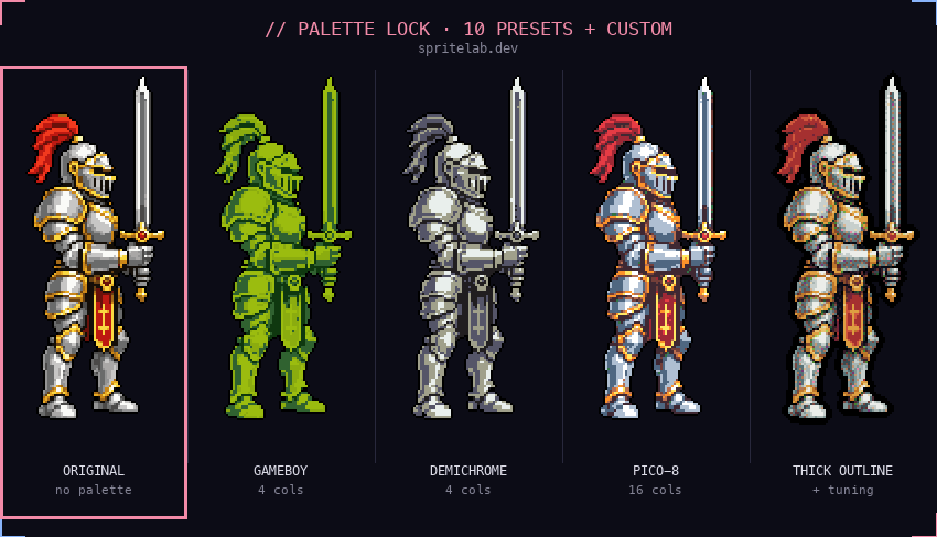 Knight sprite cycling through GameBoy, 2-bit Demichrome, PICO-8 palettes, then a shotgun stepping through 8 hue shifts. All applied post-generation, no regeneration.
