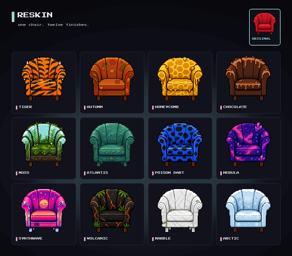 One armchair sprite shown in twelve pixel art finishes