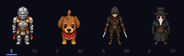 Knight, dog, rogue and plague doctor pixel art sprites rotating through eight directions in sync, generated with SpriteLab