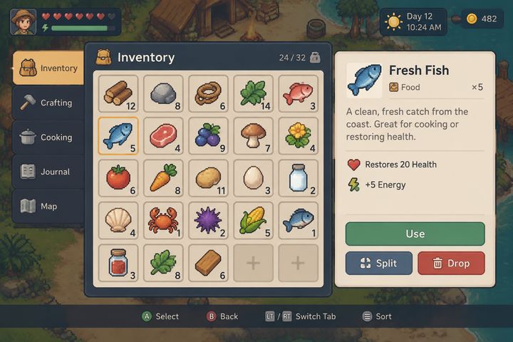 Cozy farming game inventory UI