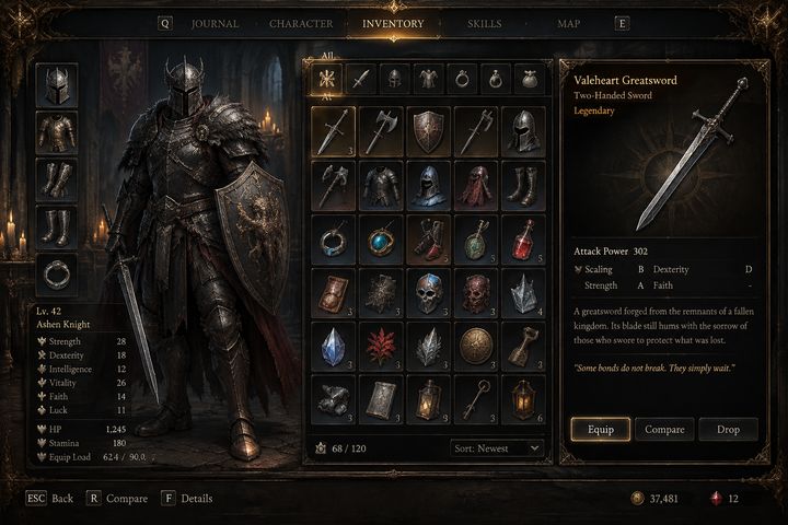 Dark fantasy RPG inventory and equipment UI