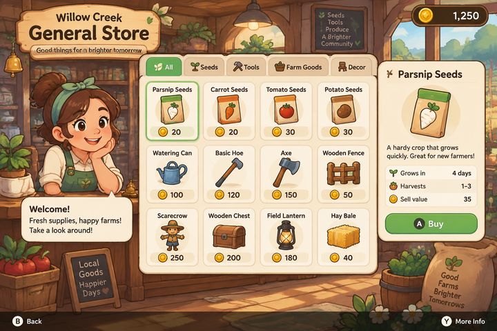 Farm shop UI with seed cards and a shopkeeper