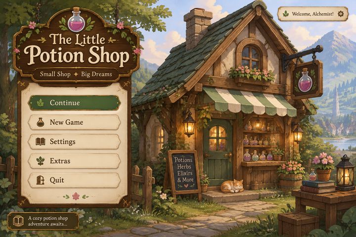 Storybook potion shop main menu UI