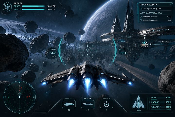 Sci-fi space shooter HUD with radar, shields and objectives