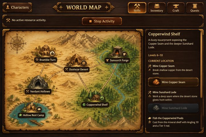 Parchment fantasy world map UI with location markers