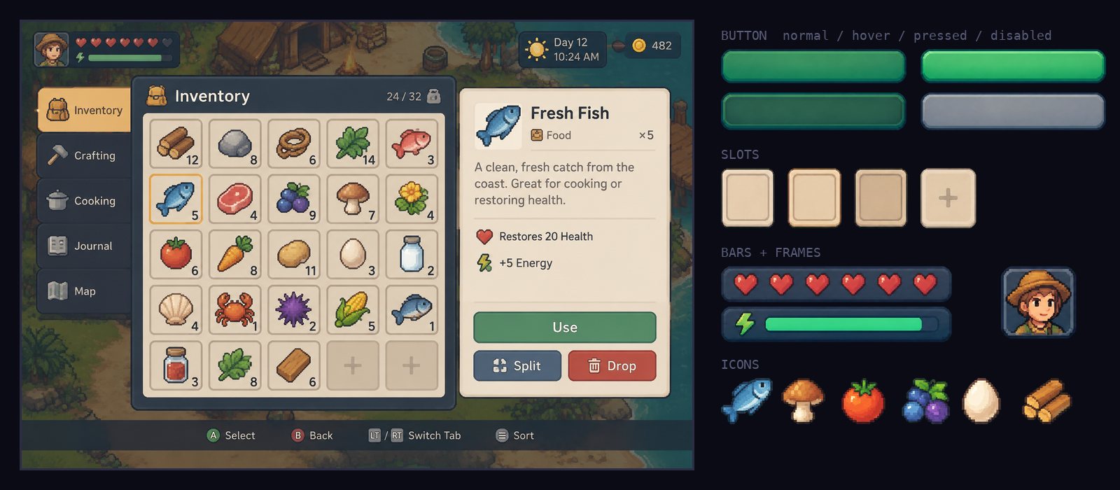 A cozy farming game inventory screen made with SpriteLab, next to the pieces it was cut into: a button in four states, item slots, a hearts bar, an energy bar, a portrait frame and item icons